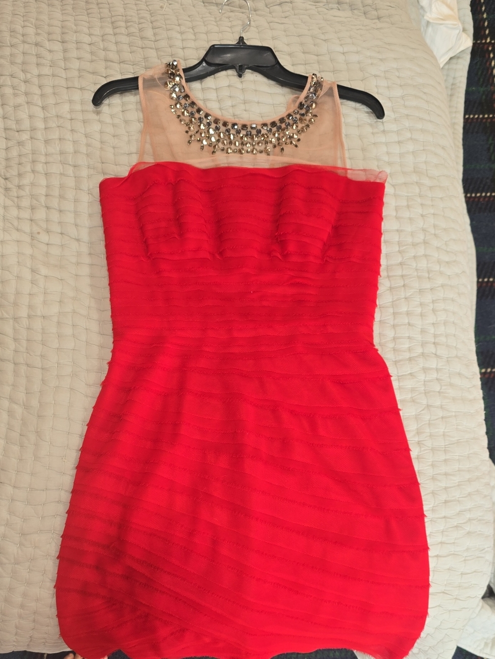 BCBGMaxAzria Red Strapless Dress with Nude Sheer Yoke and Embellished Neckline